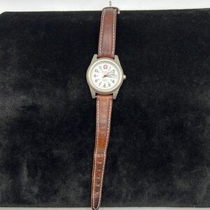 Vintage Wenger Swiss Quartz Field Watch Date Stainless Steel Leather Band